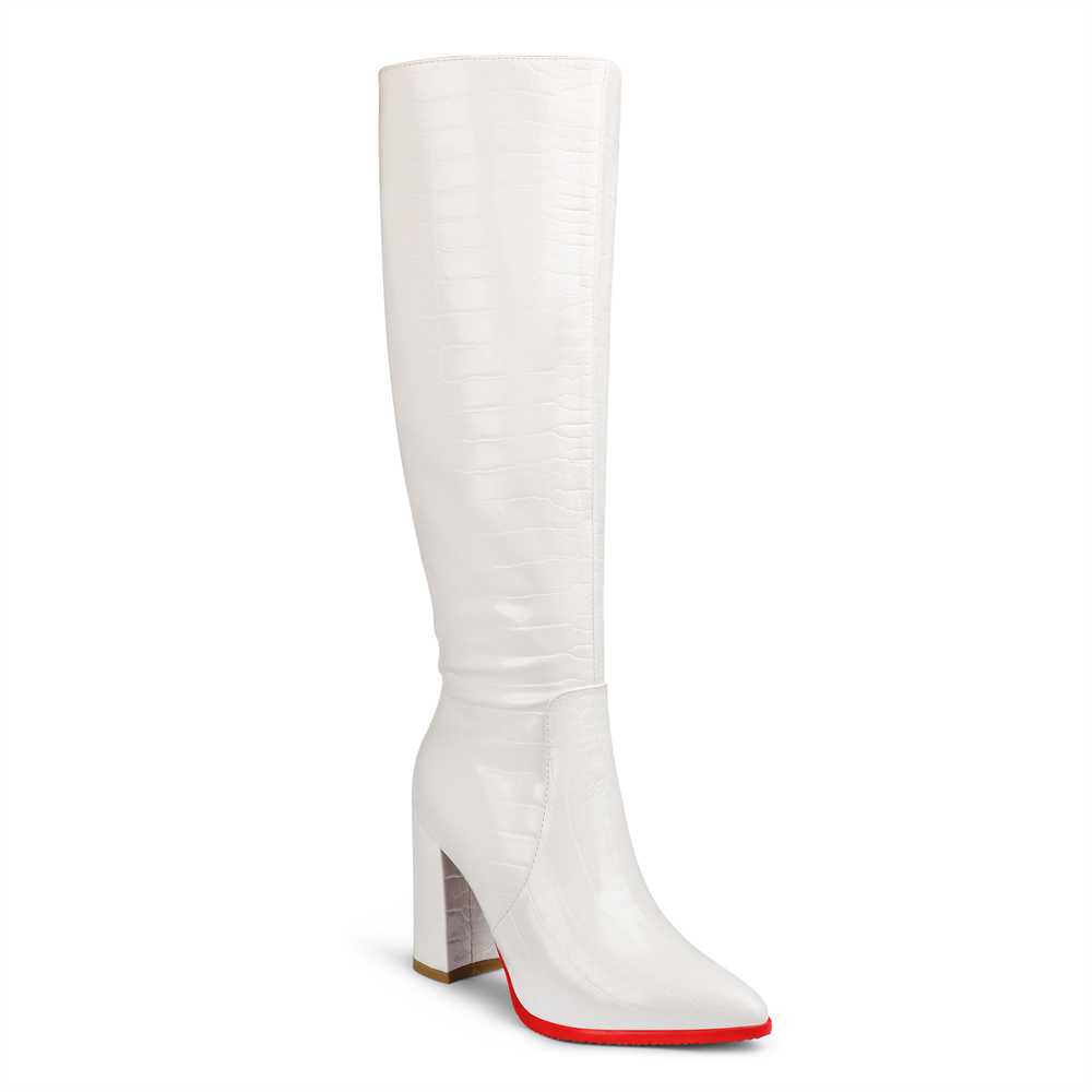 95mm Women's  Knee Boots Leather Red Bottom High Heels Mechanical Style Boots-MERUMOTE