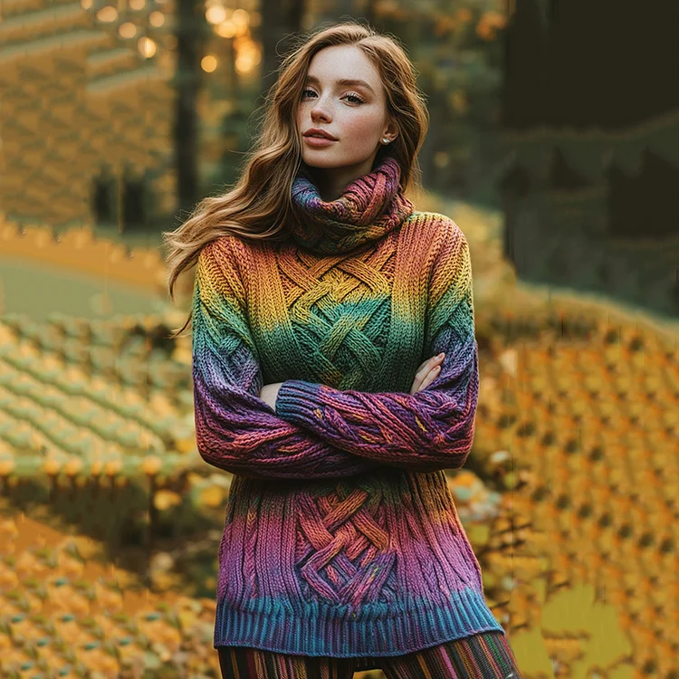 Retro  Warmth Rainbow Celtic Knot Knitted Gradient Turtleneck Sweater