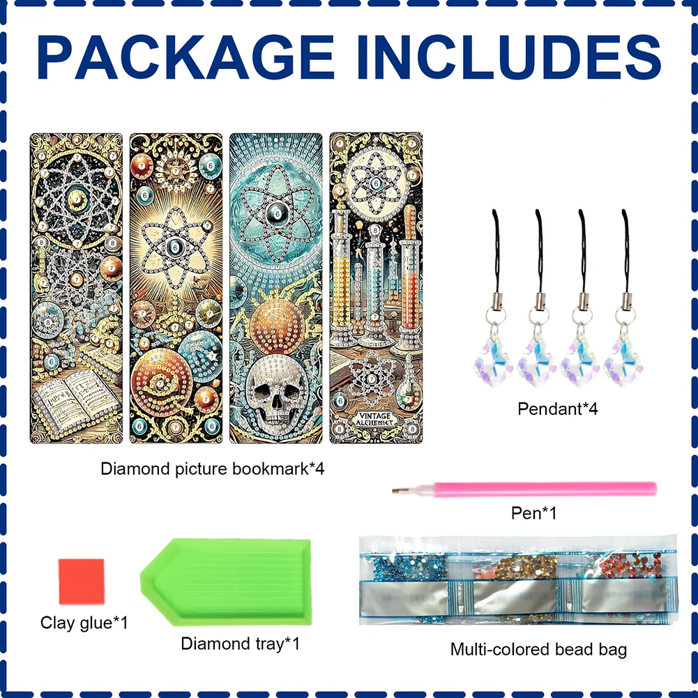 8Pcs DIY Skull Diamond Painting Art Bookmarks with Crystal Pendants for Gift