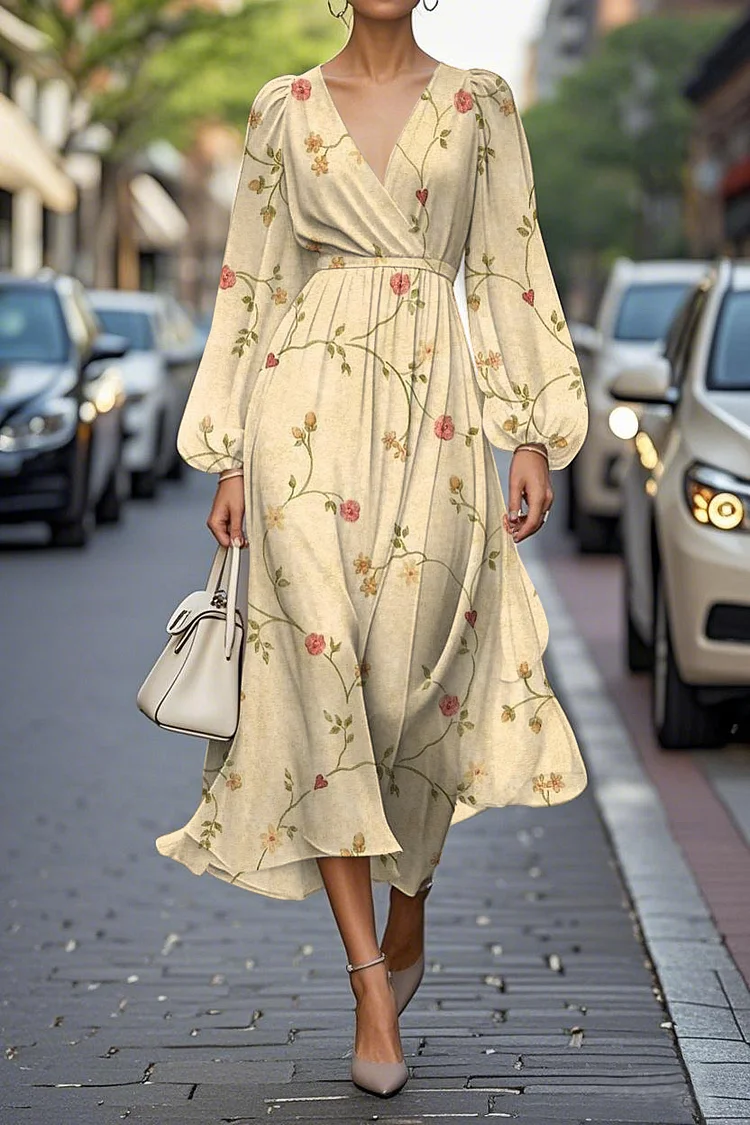 Elegant Floral Print Lantern Sleeve V-Neck A-Line Midi Chiffon Dress