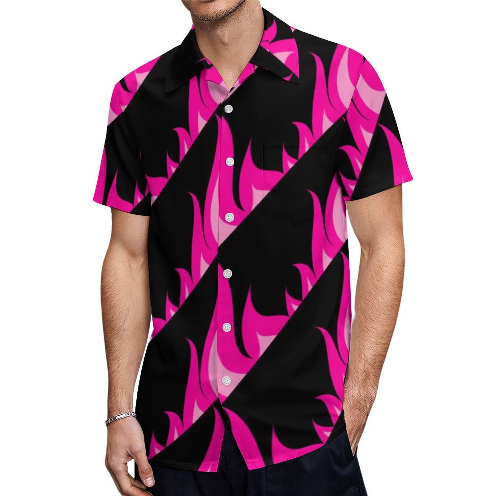 Hot Pink Fire Flames Workout Fitness Gym Hawaiian Shirt Mens Button Down Plus Size Tropical Hawaii Beach Shirts