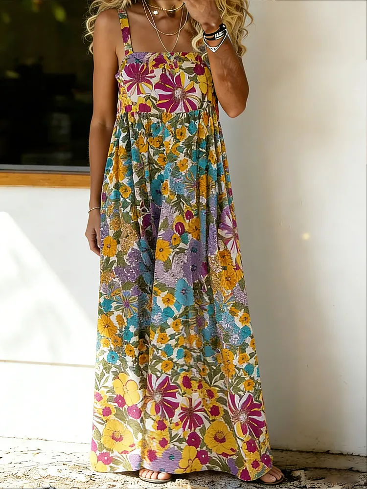 Women&rsquo;s Vintage Flower Print Casual Stylish Sleeveless Cotton Dress With Pockets