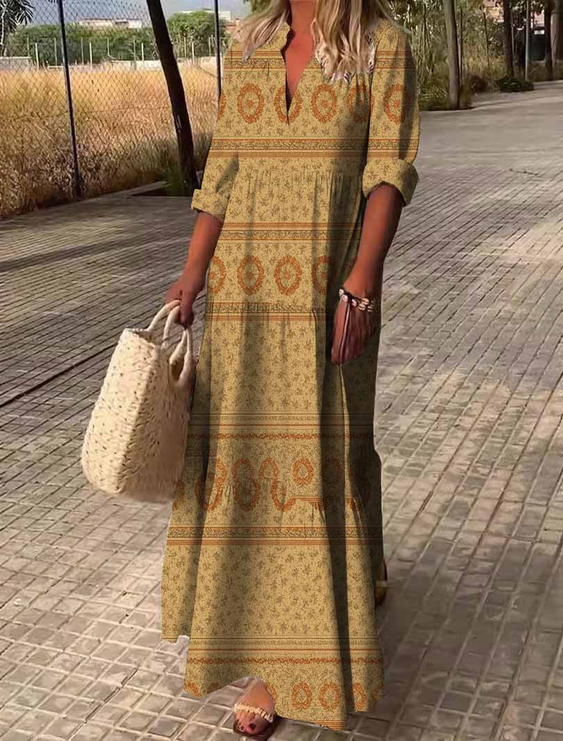 Women Retro, Khaki DZDN0335 SPU Printed Long Sleeve V-neck Maxi Dress