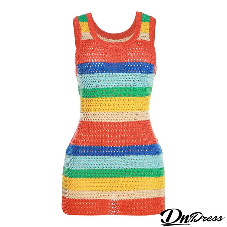 Summer Women Fashion Sexy Hollow Knitted Rainbow Hip Dress