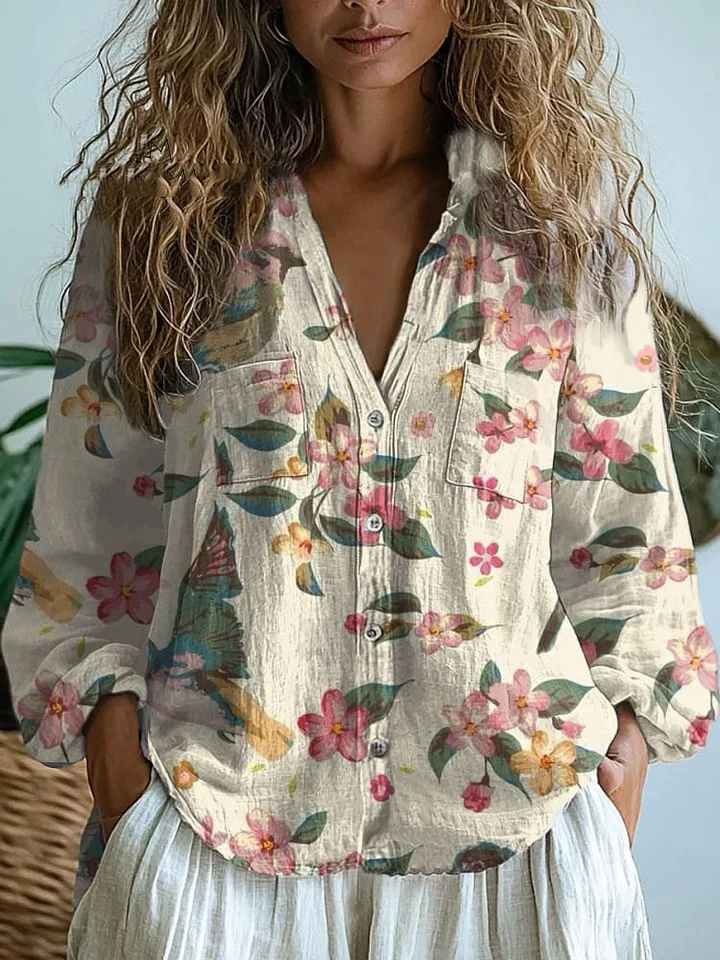 Women's  Retro Floral Art Print Casual Long Sleeve Comfortable Cotton Shirt