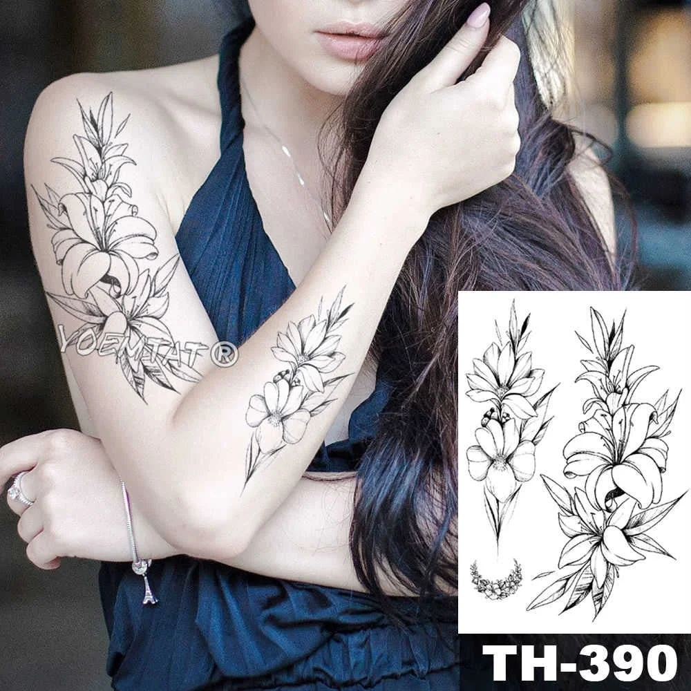 Heart shaped Clock Jewel Rose Waterproof Temporary Tattoo Sticker Black Arm Back Flowers Big Tatto Body Art Fake Tatoo For Women