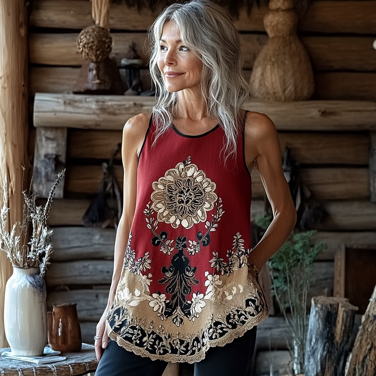Utbros Vintage Floral Print Sleeveless Tank Top