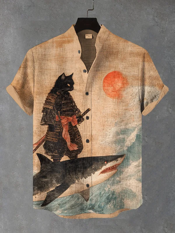 Men's Black Cat Warrior And Shark Art Print Casual Shirt