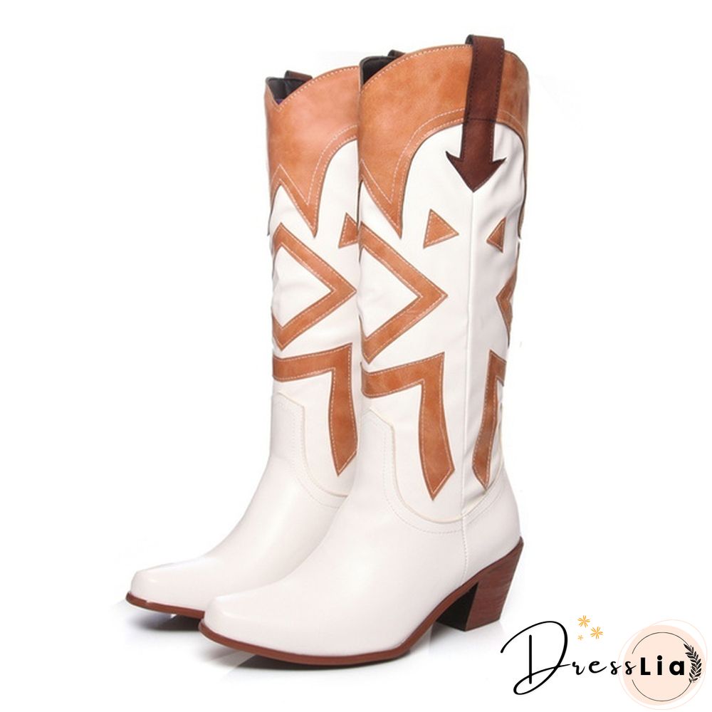The New Style Western Cowboy Boots For Women Pointy Toe Cowgirl Boots Square Heels Knee High Boots Retro Women Boots