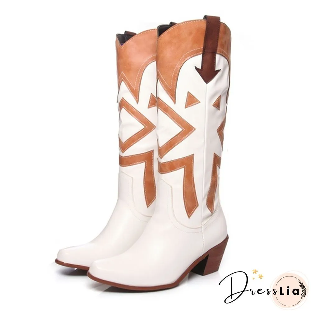 The New Style Western Cowboy Boots For Women Pointy Toe Cowgirl Boots Square Heels Knee High Boots Retro Women Boots