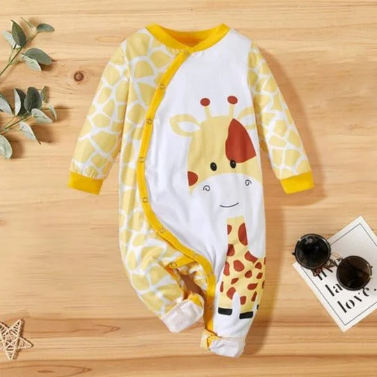 Baby Unisex Sweet Giraffe Printed Long Sleeve Baby Jumpsuit
