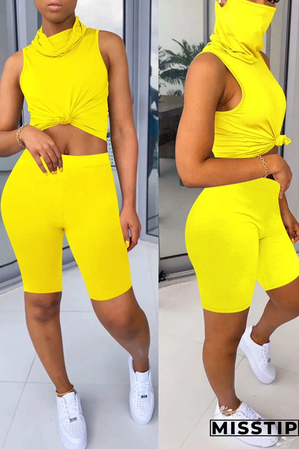 Black Casual Solid Patchwork Turtleneck Sleeveless Two Pieces