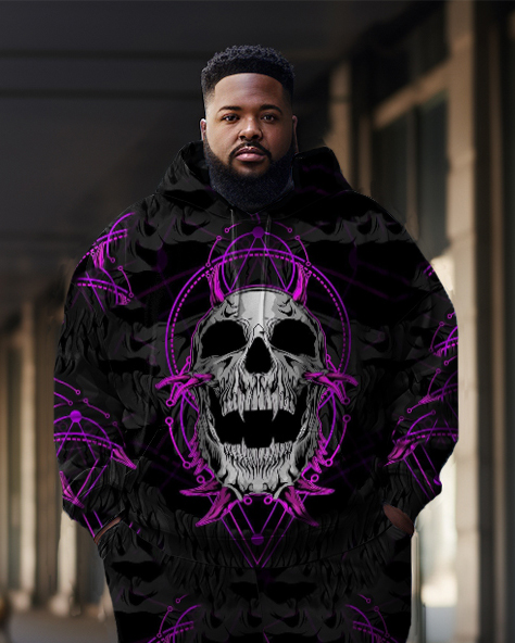 Men's Large Size Flame Purple Skull Graffiti Hoodie Two Piece Set