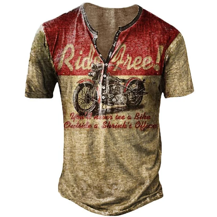 Men's Vintage Motorcycle Short Sleeve Henley Collar T-Shirt