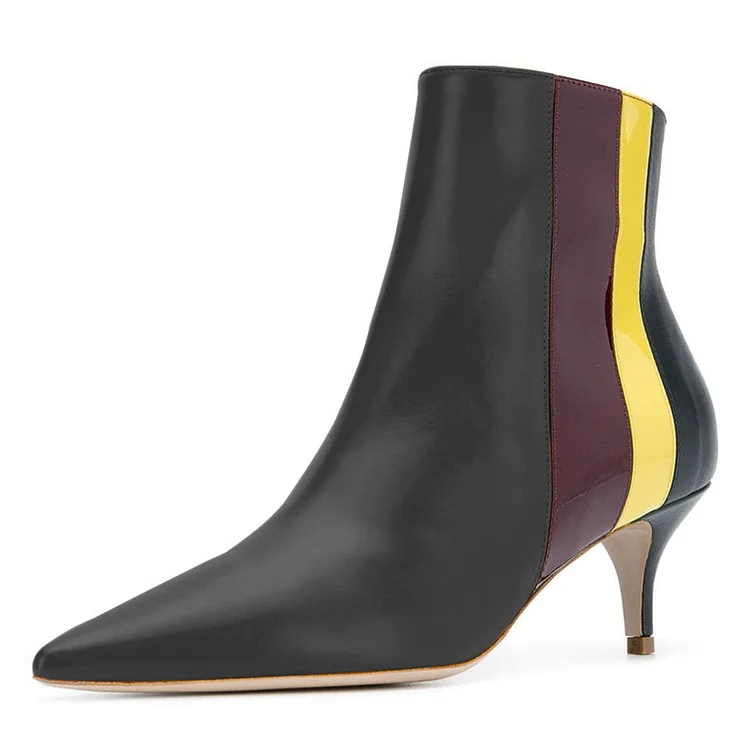 Black Multicolor Stripe Kitten Heel Ankle Booties with Pointy Toes Vdcoo