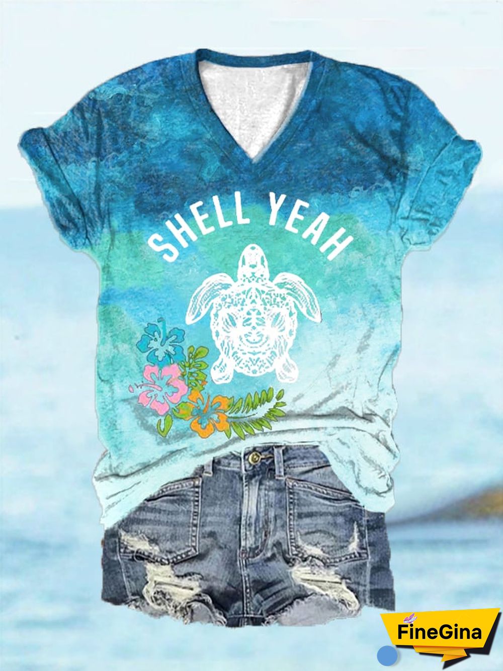 Women's Maui Lahaina Turtle Hibiscus Shell Yeah Print V-Neck T-Shirt