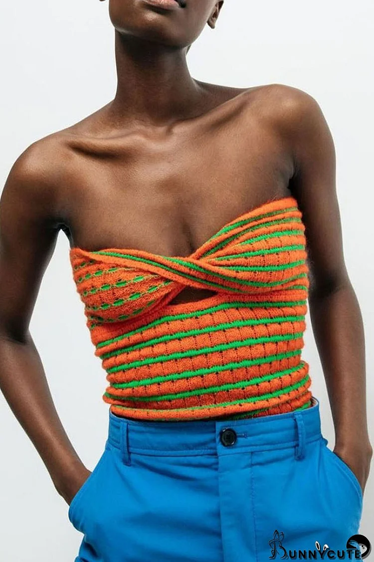 Orange Green Sexy Hollowed Out Patchwork Strapless Tops