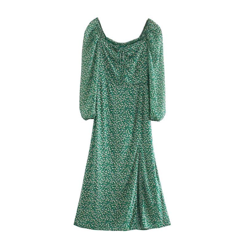 TRAF Women Chic Fashion Floral Print Side Slit Midi Dress VIntage Tied V Neck Lantern Sleeve Female Dresses Vestidos