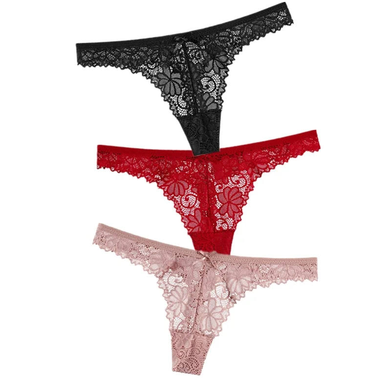 3Pcs/Lot Sexy Lace Thong Low Waist Lace Transparent Panties Women Hollow out Breathable G String Briefs Bow Underwear Lingerie