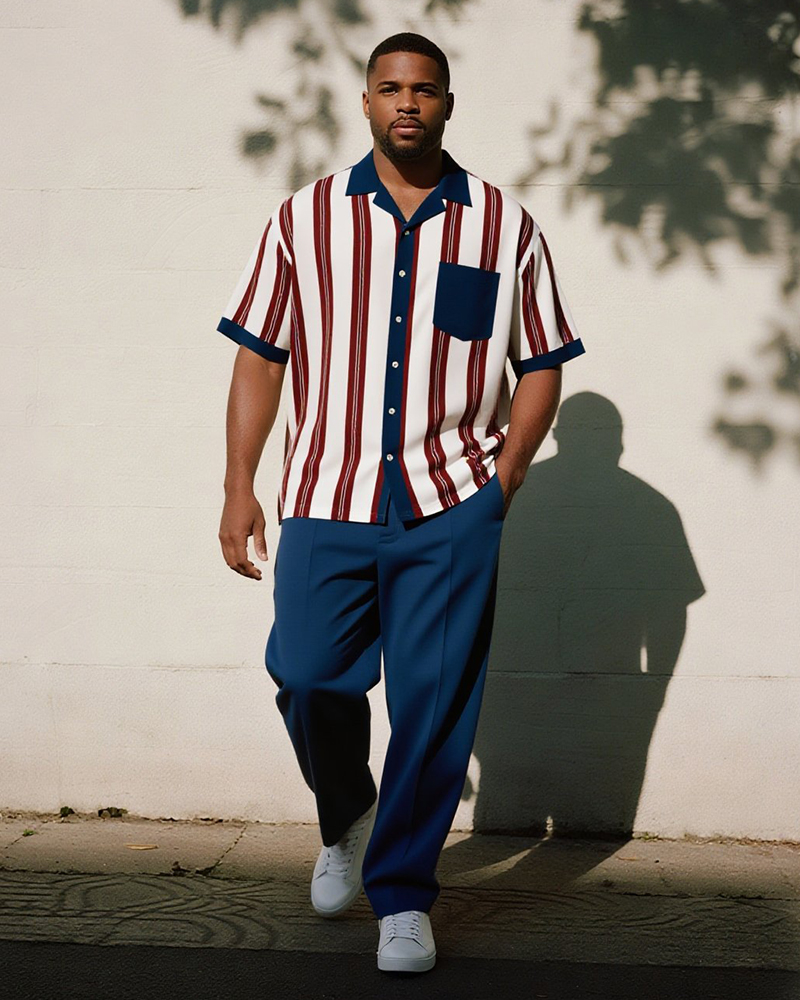 Big & Tall Men's Business Wine Red Blue Colorblock Striped Printed Pocket Short Sleeve Shirt Trousers Suit