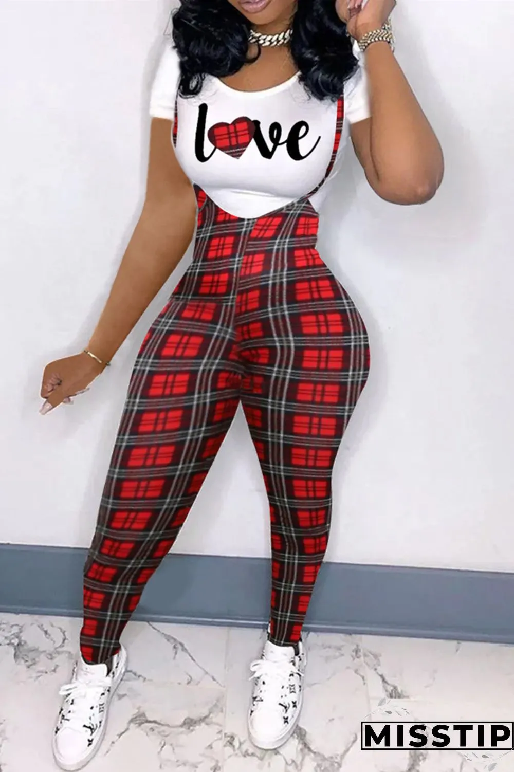 Pink Fashion Casual Letter Plaid Print Basic O Neck Short Sleeve Two Pieces