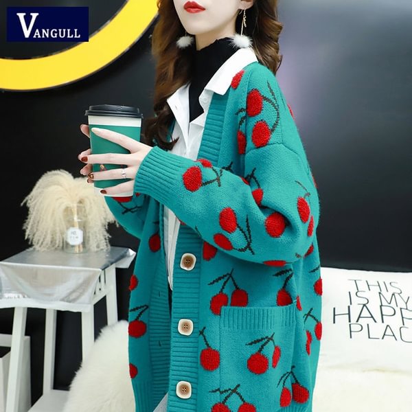 VANGULL Brand Women Fruit Printting Knitted Sweater Cardigans Single Breasted Long Sleeve Korean Style Loose Sweater Tops - Shop Trendy Women's Fashion | TeeYours