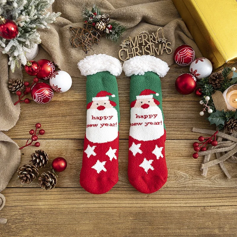 Christmas Gift Floor Socks Women Winter Warm Socks Santa Thick Plush Anti-slip Silicone Female Sleeping Home Sox Harajuku Style