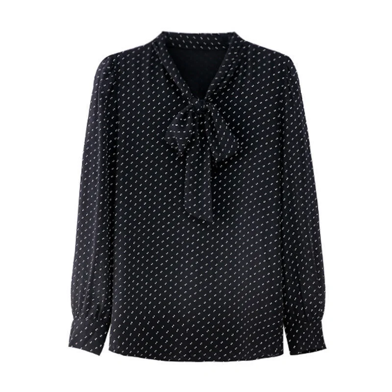 Jangj Summer New Fashion Polka Dot Black Chiffon Shirt Bow Tie Collar Long Sleeve Blouse Korean Style Elegant Shirts for Female