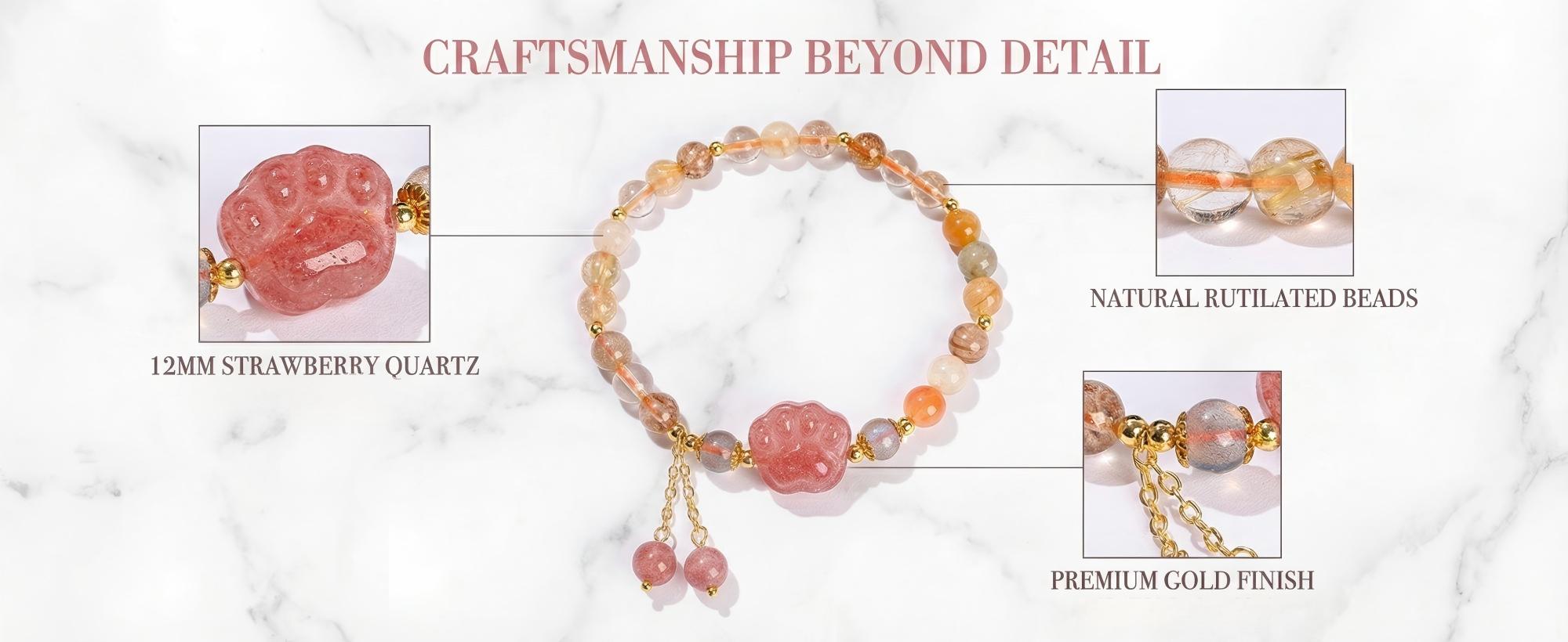 Strawberry Quartz Cat Paw with Color Rutilated Quartz Bracelet