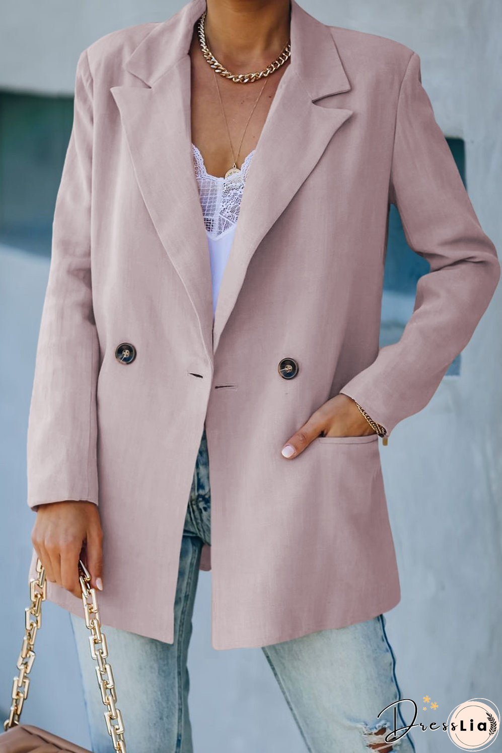 Double-Breasted Padded Shoulder Blazer with Pockets