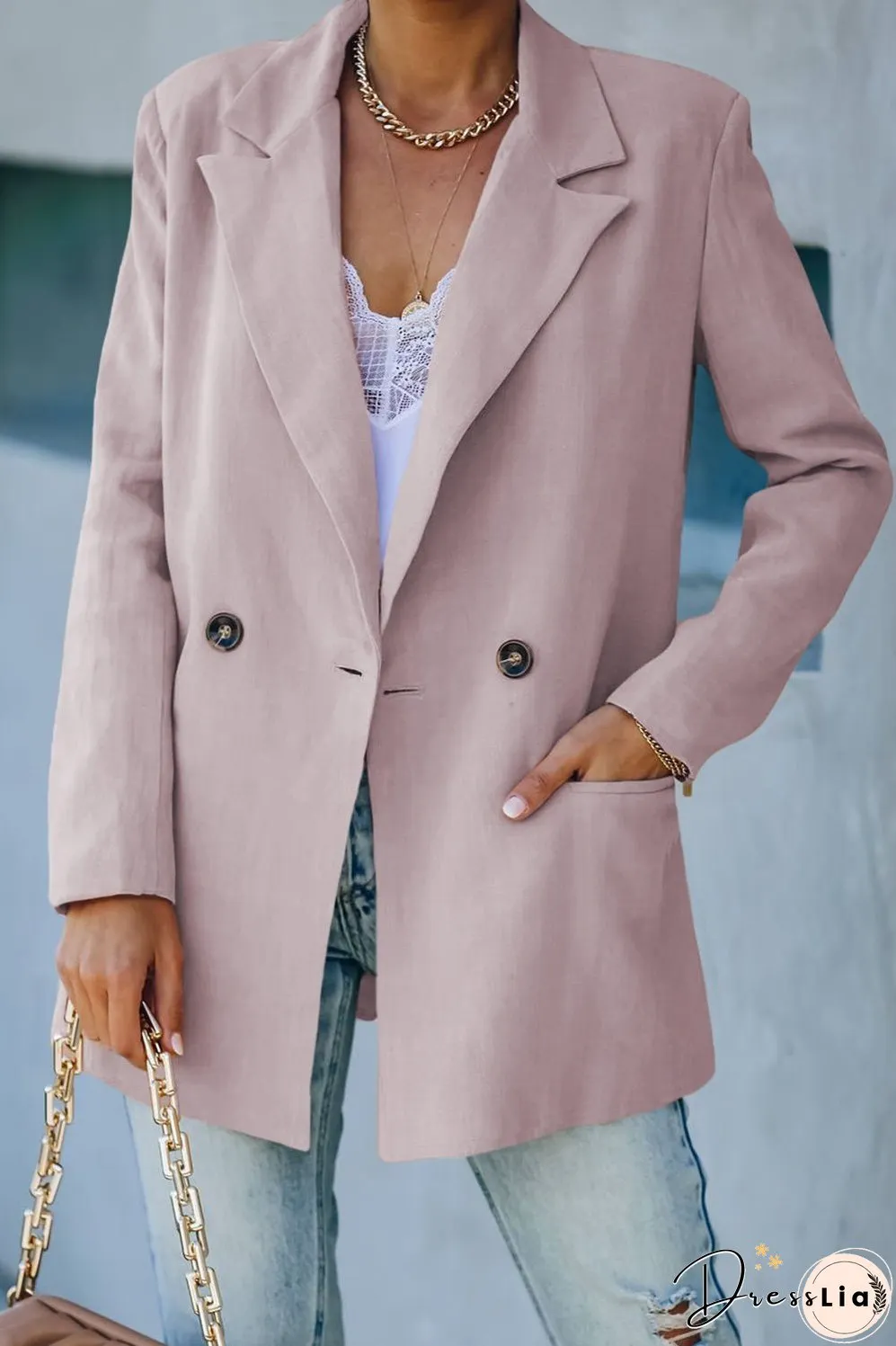 Double-Breasted Padded Shoulder Blazer with Pockets