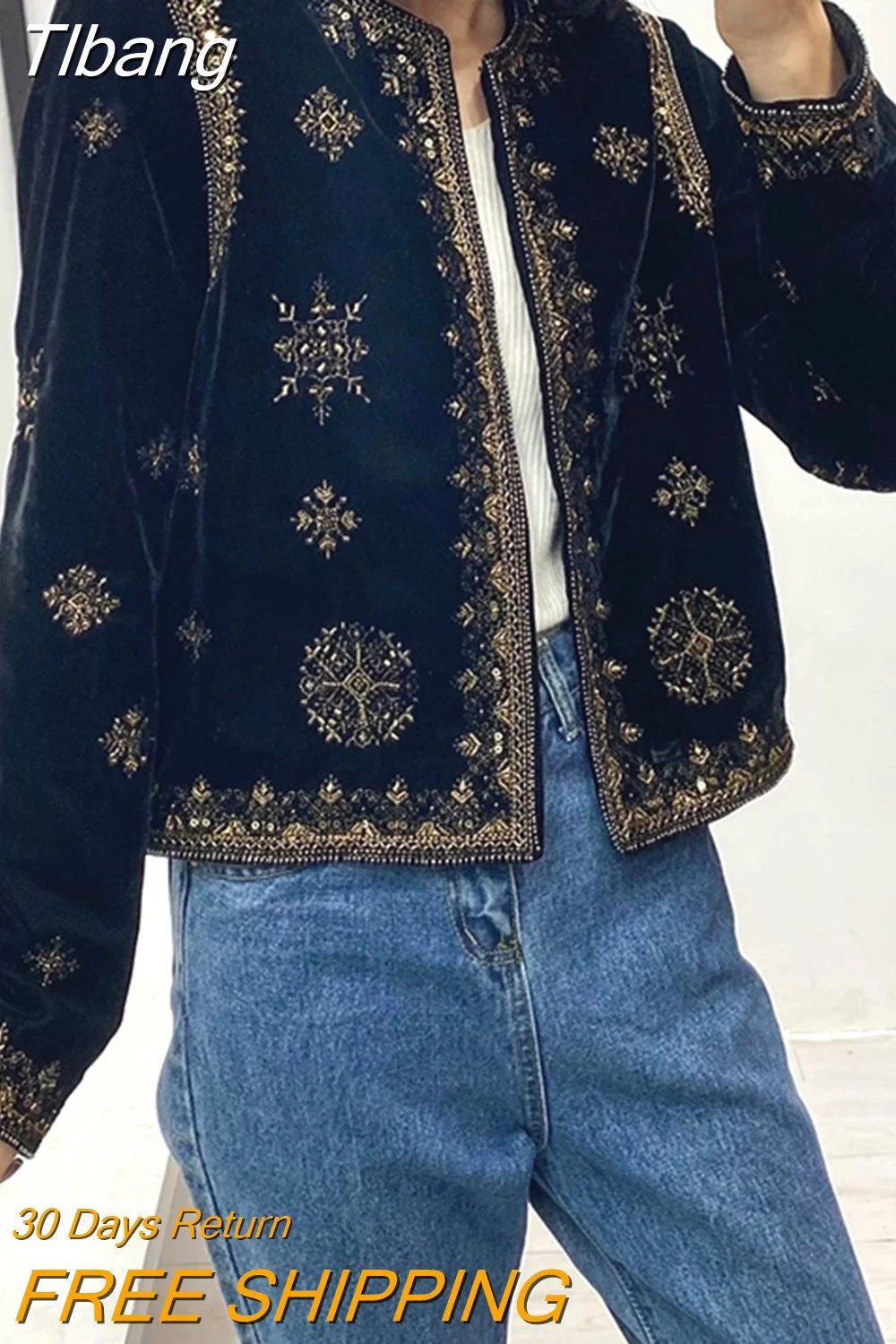 Tlbang Women's Replica Ethnic Style Heavy Industrial Embroidered Sequin Decorated Jacket Velvet Short Cardigan Autumn and Winter Women