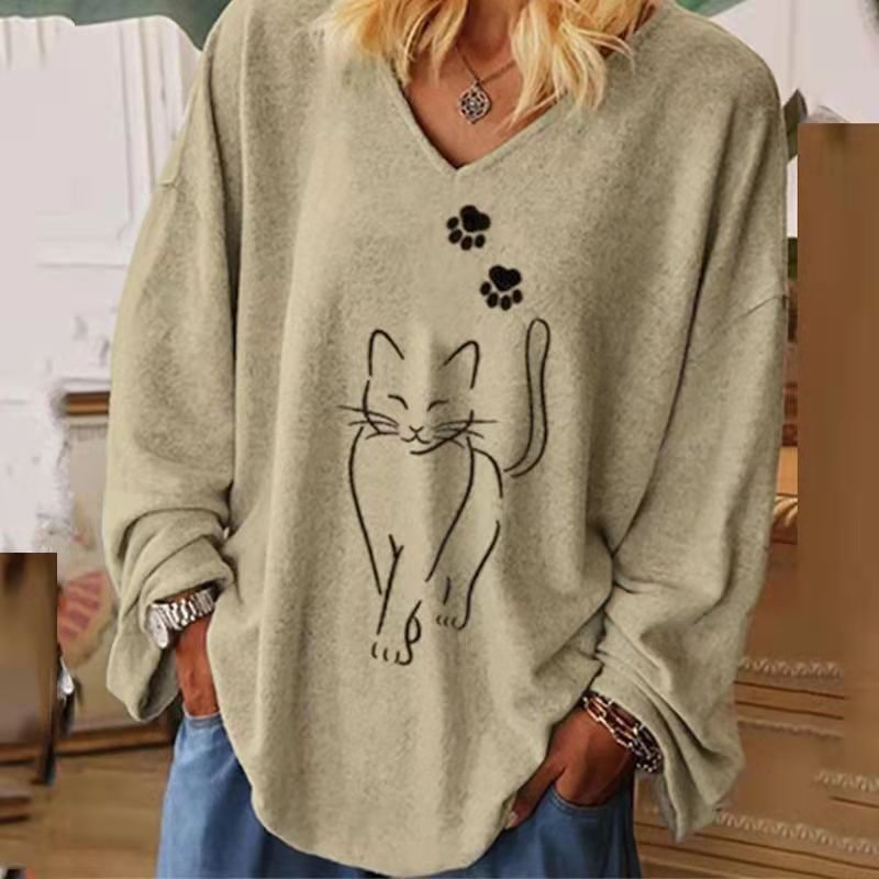 Loose and simple cat print T-shirt