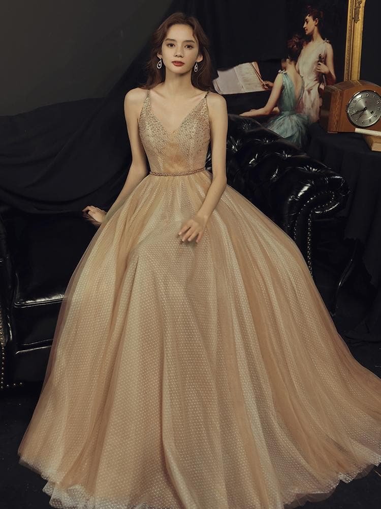 Champagne Sweetheart Tulle Long Prom Dress SP16038