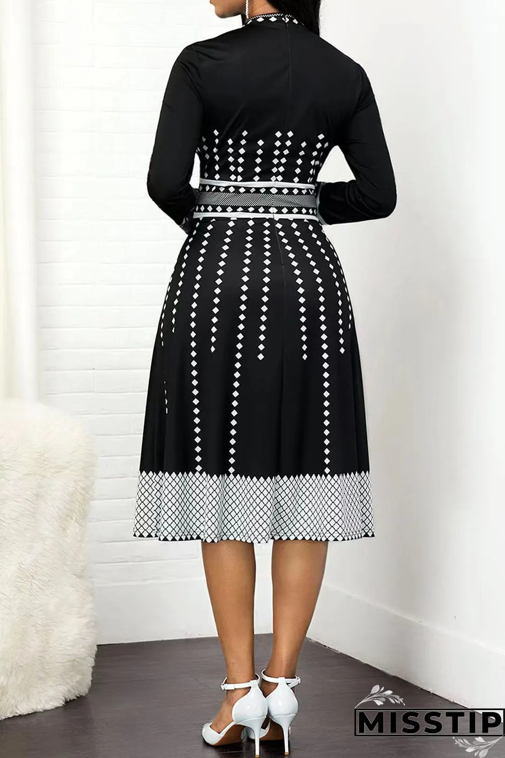 Olive Green Casual Print Polka Dot Patchwork O Neck A Line Dresses