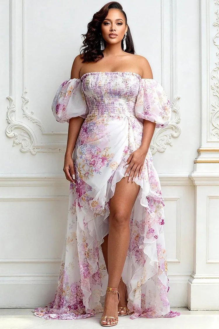 Xpluswear Design Plus Size Formal Purple Floral Off The Shoulder Short Sleeve Ruffle Smocking Chiffon Maxi Dresses [Pre-Order] 2024 - Xpluswear