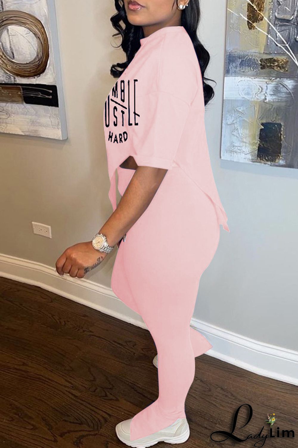 Pink Fashion Casual Print Slit Asymmetrical O Neck Short Sleeve Two Pieces