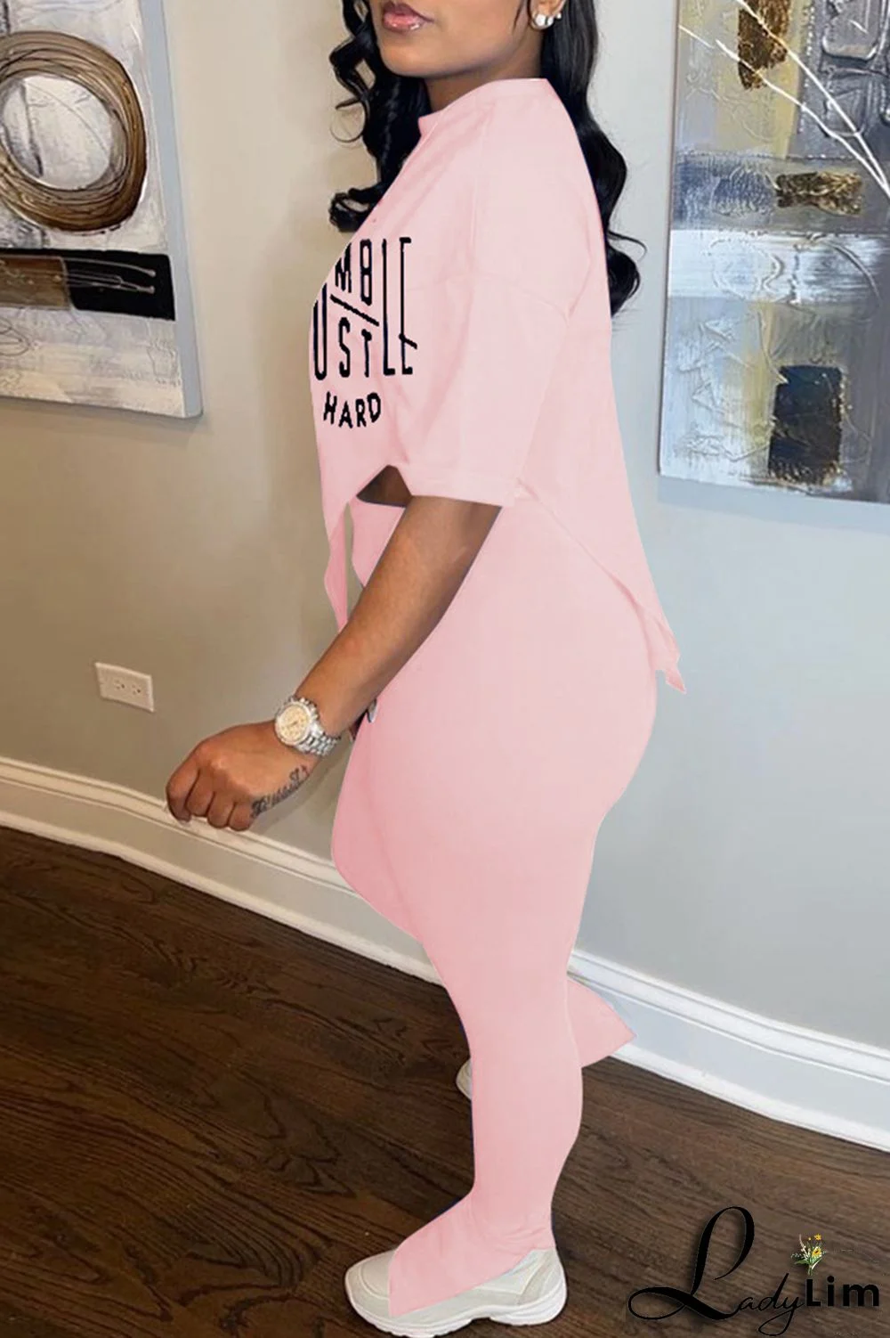 Pink Fashion Casual Print Slit Asymmetrical O Neck Short Sleeve Two Pieces