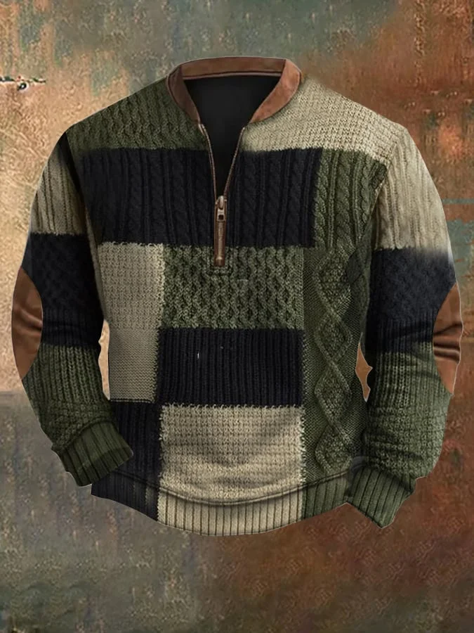 Men's Vintage Knit Print Zip-Up Sweatshirt