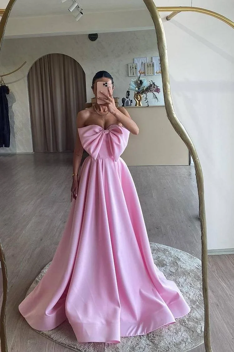 Lussooy Pink Sleeveless Strapless A-Line Long Prom Dress With Bowknot