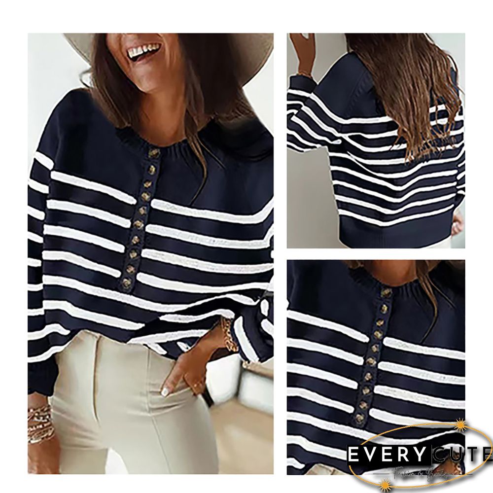 Navy Blue Striped Button Detail Pullover Sweater