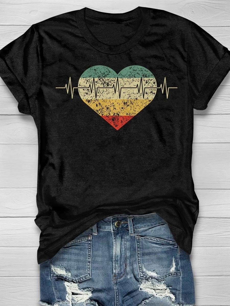 Heartbeat Line Love Heart Print Short Sleeve T-shirt