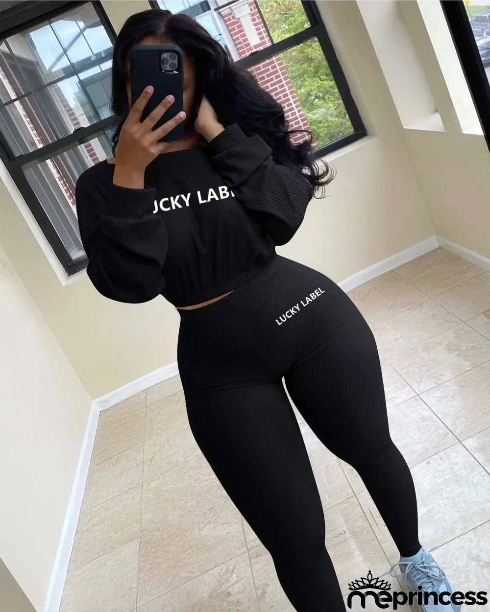 Plus Size Letter Long Sleeve 2 Piece Pants Set