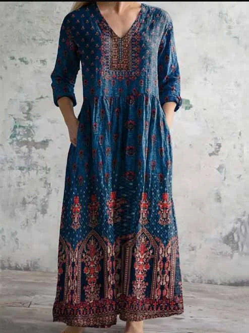 Women's 3/4 Sleeve V-neck Floral Printed Midi Dress