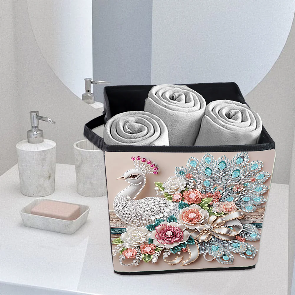 5D DIY Gorgeous Peacock Special Shape Diamond Painting Storage Box for Home Storage(25*26*25cm)