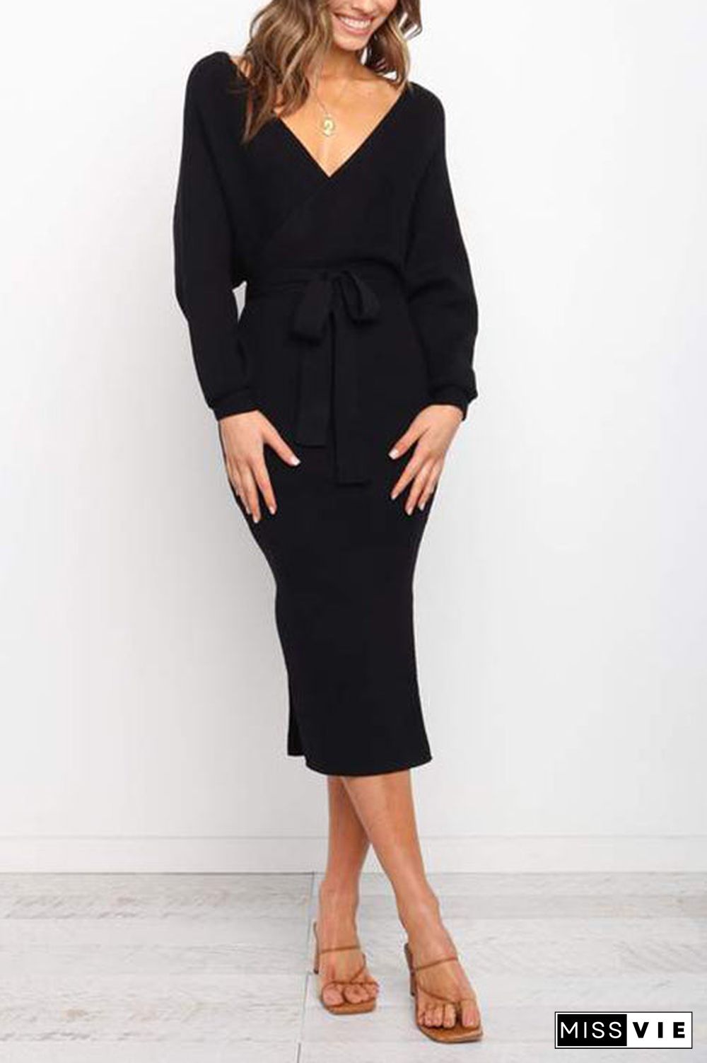 Surplice Wrap Side Slit Sweater Dress