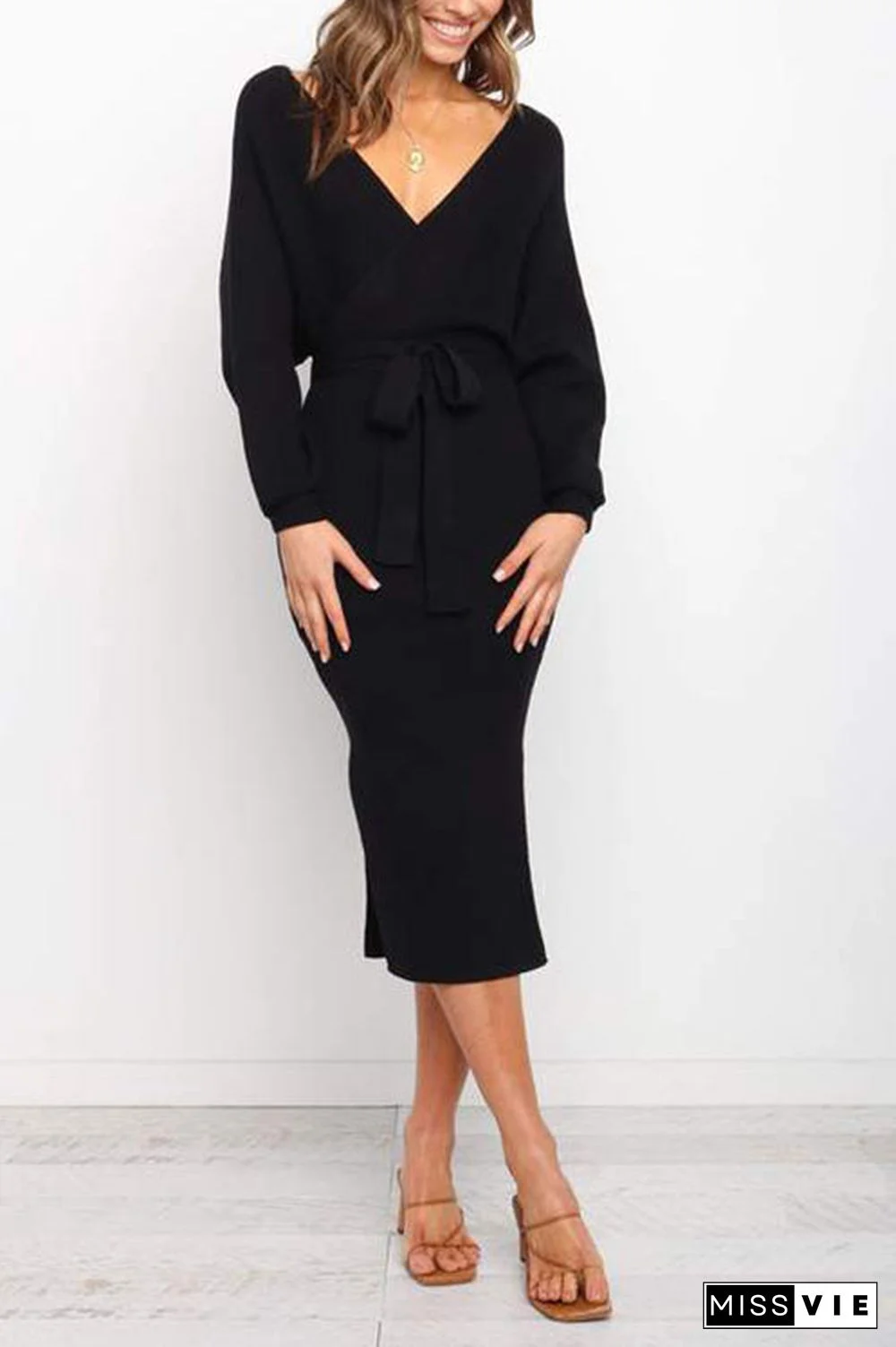 Surplice Wrap Side Slit Sweater Dress