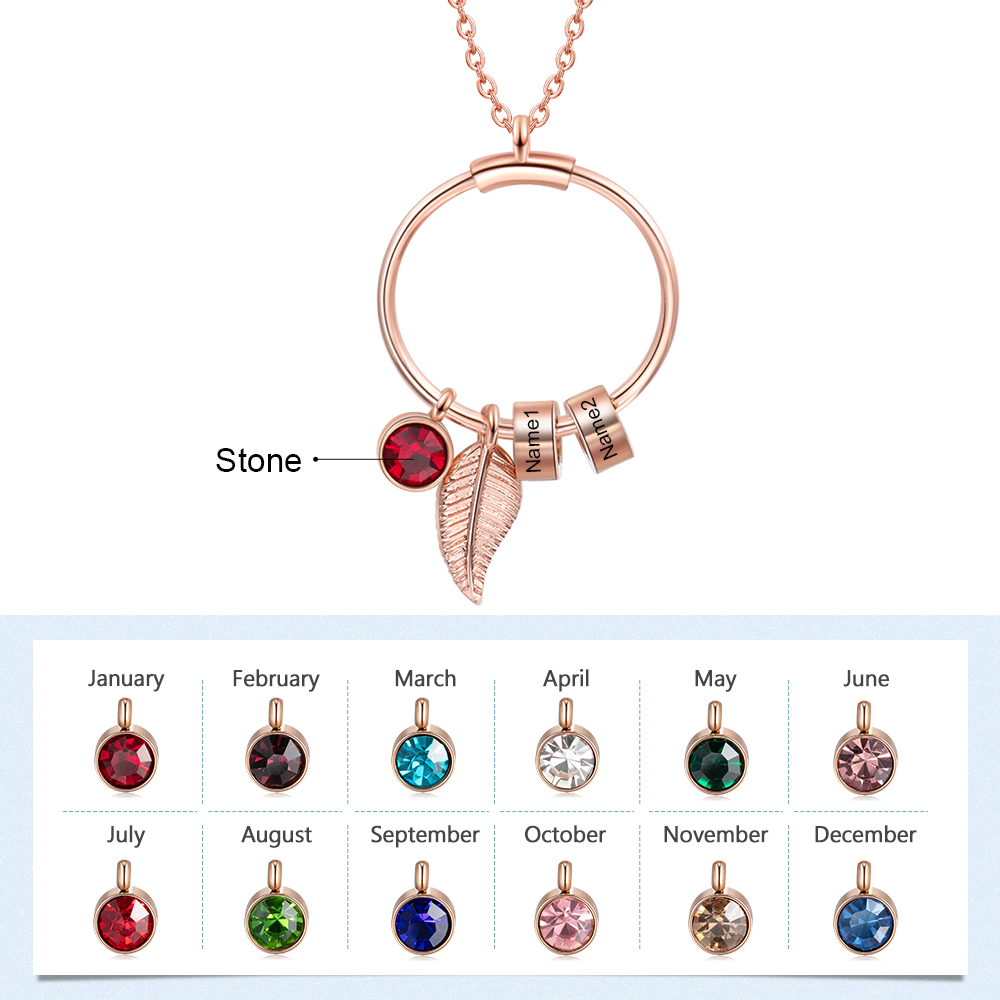 Collana con ciondolo foglia e cerchio 2 nomi e 2 pietre di nascita personalizzati regalo per donna
