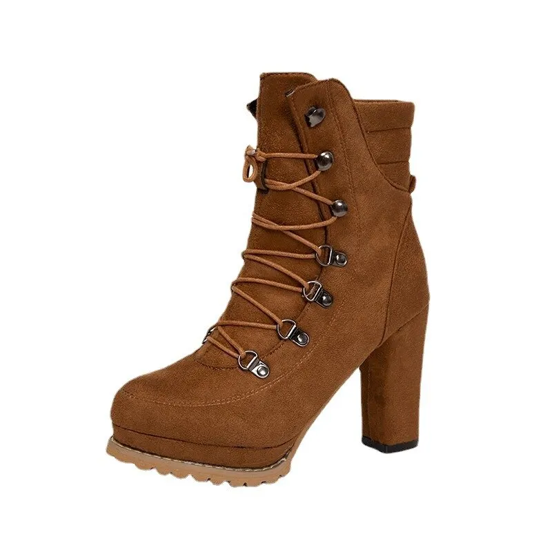Qengg New Women's Martin Boots Fashion Lace-up Rivets Chunky High Heels Solid Casual Platform Comfort Ankle Boots Bota De Inverno