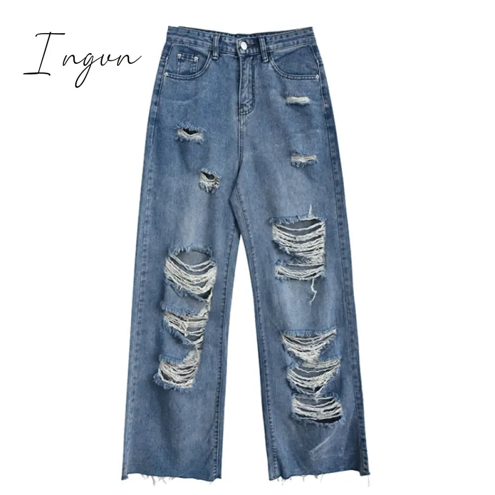 Ingvn - Spring And Autumn Women’s Ripped Jeans High Waist Loose Straight Pants Wide Leg Y2K